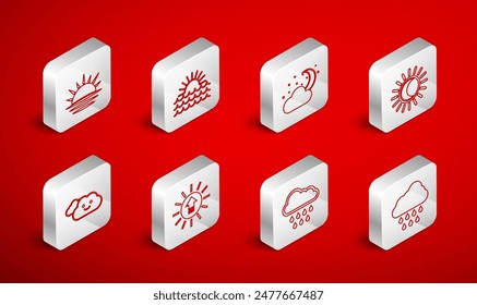 Set line Cloud with rain, Sunset, moon and stars, Eclipse of the sun,  and  icon. Vector