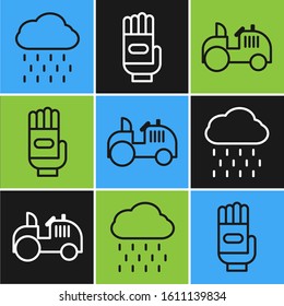 Set line Cloud with rain, Tractor and Garden gloves icon. Vector