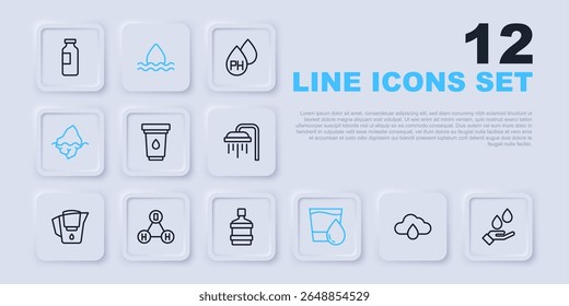 Set line Cloud with rain, Washing hands soap, Water filter cartridge, Glass water, Iceberg, Chemical formula H2O, drop and Big bottle clean icon. Vector