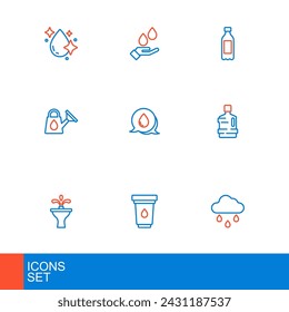 Set line Cloud with rain, Water filter cartridge, Fountain, Big bottle clean water, Watering can, drop speech bubbles, Bottle of and Washing hands soap icon. Vector