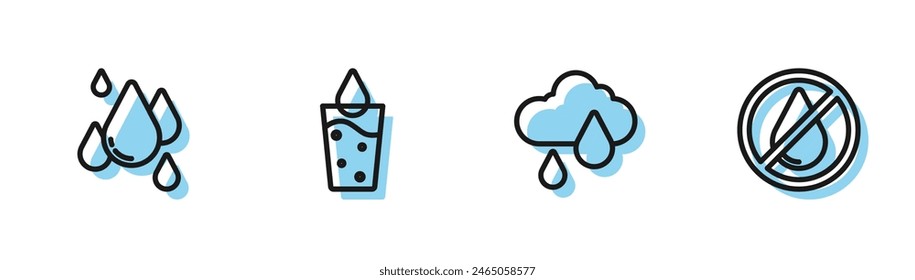 Set line Cloud with rain, Water drop, Glass water and forbidden icon. Vector