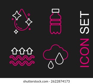 Set line Cloud with rain, Waves of water and evaporation, Bottle and Water drop icon. Vector
