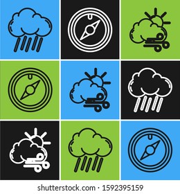 Set line Cloud with rain, Windy weather and Wind rose icon. Vector