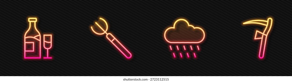 Set line Cloud with rain, Wine bottle glass, Garden pitchfork and Scythe. Glowing neon icon. Vector