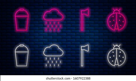 Set line Cloud with rain, Wooden axe, Bucket and Ladybug. Glowing neon icon on brick wall. Vector