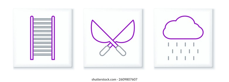 Set line Cloud with rain, Wooden staircase and Gardening handmade scissors icon. Vector