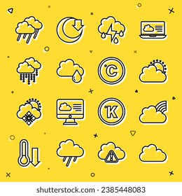 Set line Cloud, Rainbow with clouds, Sun and weather, rain lightning,  and Celsius icon. Vector