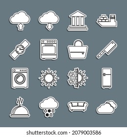 Set line Cloud, Refrigerator, Meat chopper, Bank building, Oven, Wrist watch, upload and Handbag icon. Vector