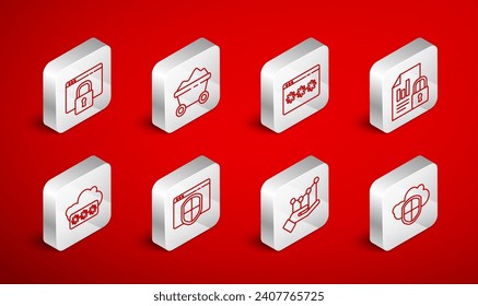 Set line Cloud and shield, Coal mine trolley, Password protection, Document lock, Pie chart infographic, Secure your site with HTTPS, SSL, Browser and  icon. Vector