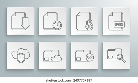 Set line Cloud and shield, Document with clock, storage text document folder, check mark, Search concept, PSD file and download icon. Vector