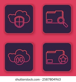 Set line Cloud and shield, Cloud download and upload, Search concept with folder and Document folder with star. Blue square button. Vector