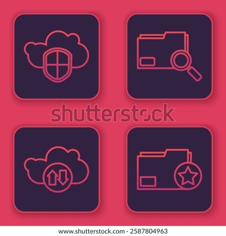 Set line Cloud and shield, Cloud download and upload, Search concept with folder and Document folder with star. Blue square button. Vector