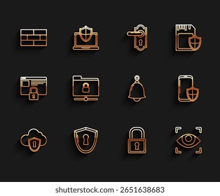 Set line Cloud and shield, Shield with keyhole, Bricks, Lock, Eye scan, FTP folder lock, Smartphone security and Ringing bell icon. Vector