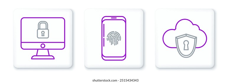Establecer línea Nube y escudo, Bloquear en la pantalla del monitor de la computadora y Smartphone con el icono del escáner de huellas dactilares. Vector