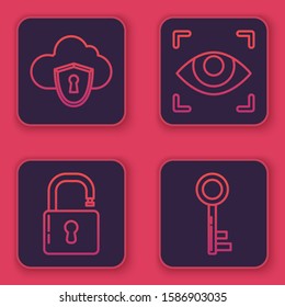 Set line Cloud and shield, Open padlock , Eye scan  and Key . Blue square button. Vector