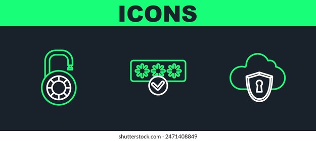 Set line Cloud and shield, Safe combination lock wheel and Password protection safety access icon. Vector