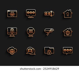 Set line Cloud and shield, System bug, Browser incognito window, Folder lock, Password protection, Security camera, House under and  icon. Vector