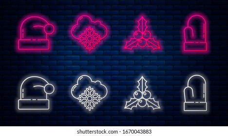 Set line Cloud with snow, Branch viburnum or guelder rose, Christmas Santa Claus hat and Christmas mitten. Glowing neon icon on brick wall. Vector