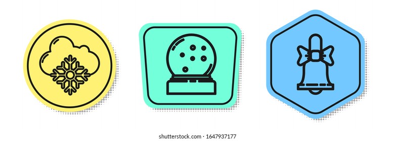 Set line Cloud with snow, Christmas snow globe with fallen snow and Merry Christmas ringing bell. Colored shapes. Vector