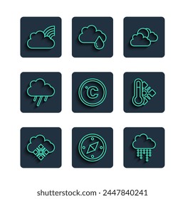 Set line Cloud with snow, Compass, rain, Sun and cloud weather, Celsius, Rainbow clouds and Meteorology thermometer icon. Vector