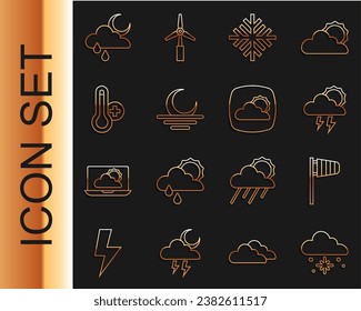 Set line Cloud with snow, Cone windsock wind vane, Storm, Snowflake, Sunset, Meteorology thermometer, rain and moon and Weather forecast icon. Vector
