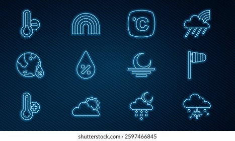 Set line Cloud with snow, Cone windsock wind vane, Celsius, Water drop percentage, Meteorology thermometer, Sunset and Rainbow icon. Vector