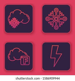 Set line Cloud with snow, Fahrenheit and cloud, Snowflake and Lightning bolt. Blue square button. Vector