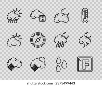 Fijar la línea Nube con nieve, Fahrenheit, luna y estrellas, sol, lluvia, rosa eólica, gota de agua e icono de tormenta. Vector