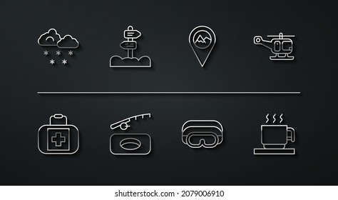 Set line Cloud with snow, First aid kit, Rescue helicopter, Ski goggles, Winter fishing, Road traffic signpost, Hot chocolate cup and Location mountain icon. Vector