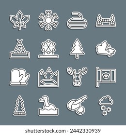 Set line Cloud with snow, Flag of Canada, map, Stone for curling, Ferris wheel, Indian teepee wigwam, Canadian maple leaf and Christmas tree icon. Vector