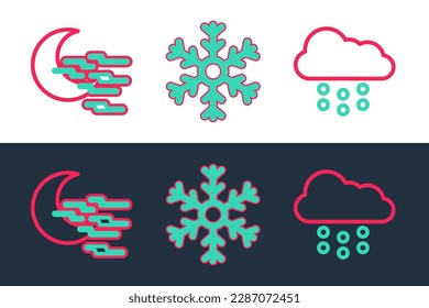 Fijar la línea Nube con el icono de nieve, niebla y luna y copo de nieve. Vector