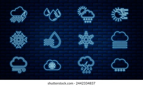 Set line Cloud with snow, Fog and cloud, sun, Water drop percentage, Snowflake, rain lightning,  and  icon. Vector