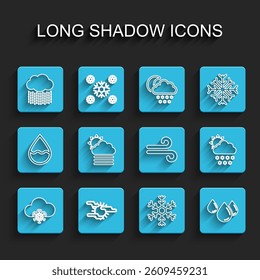 Set line Cloud with snow, Fog and sun, rain, Snowflake, Water drop, cloud,  and Wind icon. Vector