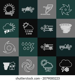 Set line Cloud with snow and lightning, Wind rain, Tornado, snow, sun, Cloudy,  and  icon. Vector
