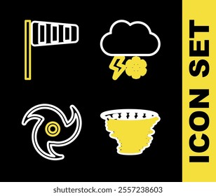 Set line Cloud with snow and lightning, Tornado,  and Cone windsock wind vane icon. Vector