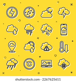 Set Line Cloud mit Schnee, Meteorologie Thermometer, Wettervorhersage, Mond, Regen, Blitz und Blitz Symbol. Vektorgrafik