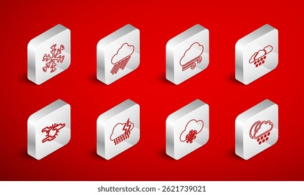 Set line Cloud with snow and moon, rain, Windy weather, Snowflake, lightning and Fog sun icon. Vector