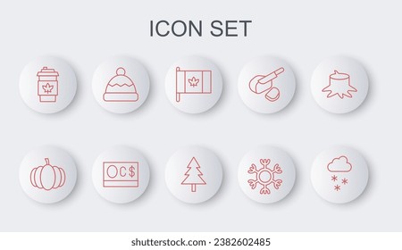 Set line Cloud with snow, Pumpkin, Flag of Canada, Snowflake, Coffee cup to go, Beanie hat, Canadian dollar and Christmas tree icon. Vector