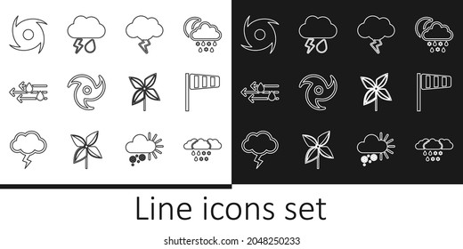 Fijar la línea Nube con nieve y lluvia, Vane de viento Cone de viento, Tormenta, Tornado, Viento, Tornado, Rueda y Icono de relámpago. Vector