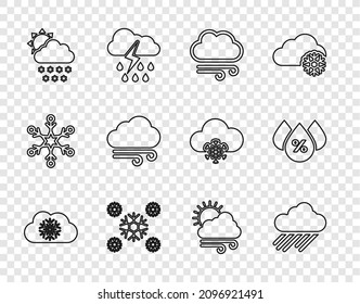 Set line Cloud with snow, rain, Windy weather, Snow, and sun,  and Water drop percentage icon. Vector