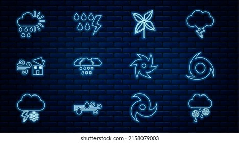 Set line Cloud with snow and rain, Tornado, Pinwheel, swirl, Cloudy sun,  and Storm icon. Vector