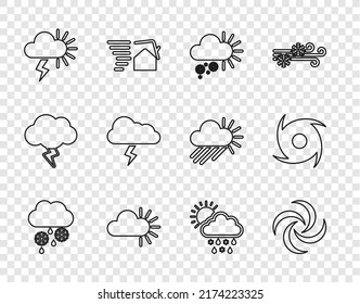 Fijar la línea Nube con nieve y lluvia, Tornado, Nublado, Tormenta, nieve, sol e ícono. Vector