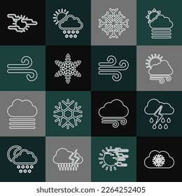 Set line Cloud with snow, rain and lightning, Windy weather, Snowflake, Fog sun and  icon. Vector