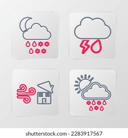 Set line Cloud with snow, rain, sun, Tornado swirl, and lightning and moon icon. Vector