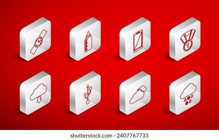 Fijar la línea Nube con nieve y lluvia, botella de bebé, Smartphone, teléfono móvil, Medalla, reloj de pulsera, USB e icono de descarga. Vector