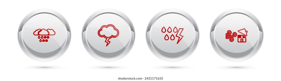 Set line Cloud with snow and rain, Storm,  and Tornado swirl. Silver circle button. Vector