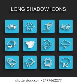 Set line Cloud with snow, rain, moon, Cloudy and sun, Wind, lightning, Tornado, Storm and  icon. Vector