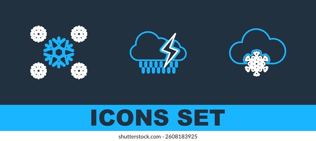 Set line Cloud with snow, Snow and rain and lightning icon. Vector