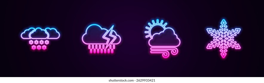 Set line Cloud with snow, rain and lightning, Windy weather and Snowflake. Glowing neon icon. Vector