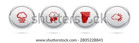 Set line Cloud with snow and rain, , Tornado and Cloudy. Silver circle button. Vector